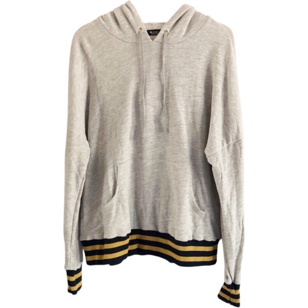 Michael Lauren Hoodie Carlton Kangaroo Pocket Striped Rib Knit Trim Grey Medium